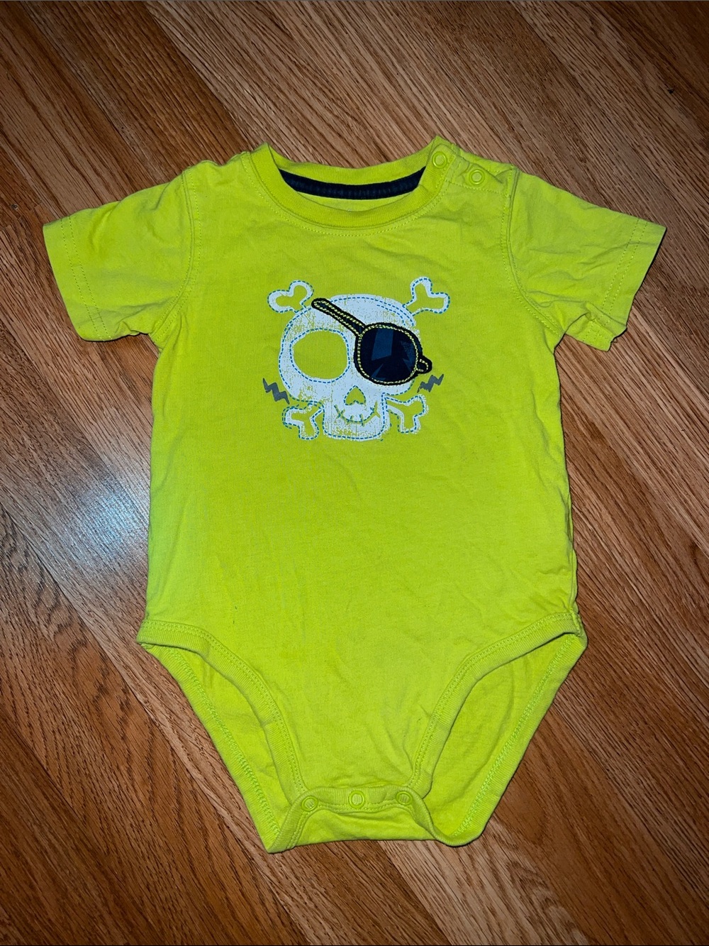 jumping beans Neon Lime Green Baby Bodysuit with Pirate Skull Patch Vintage